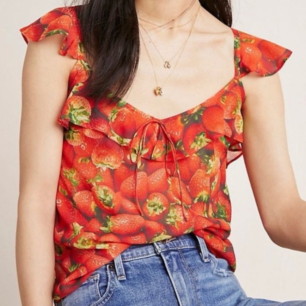 ANTHROPOLOGIE Ruffled Strawberry Top Printed Chiffon Red Blouse Pullover Tank